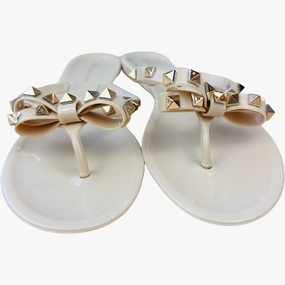 🔥 Beige Nude Gold Studded Bow Jelly Slip On Flip Flop Sandals - Picture 7 of 9